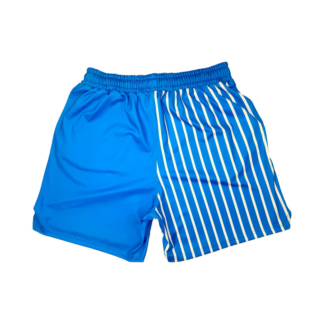 Blue shorts with a smiley face monster character design