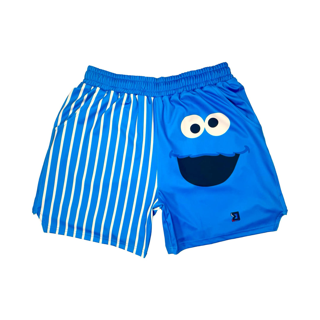 Blue shorts with a smiley face monster character design