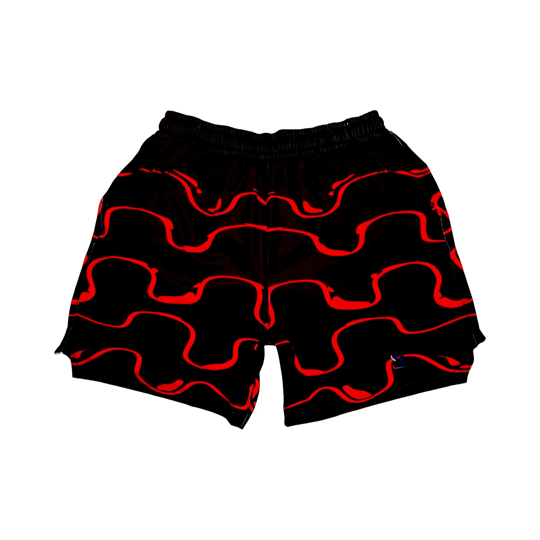 Black shorts with red wavy drip patterns on a white background