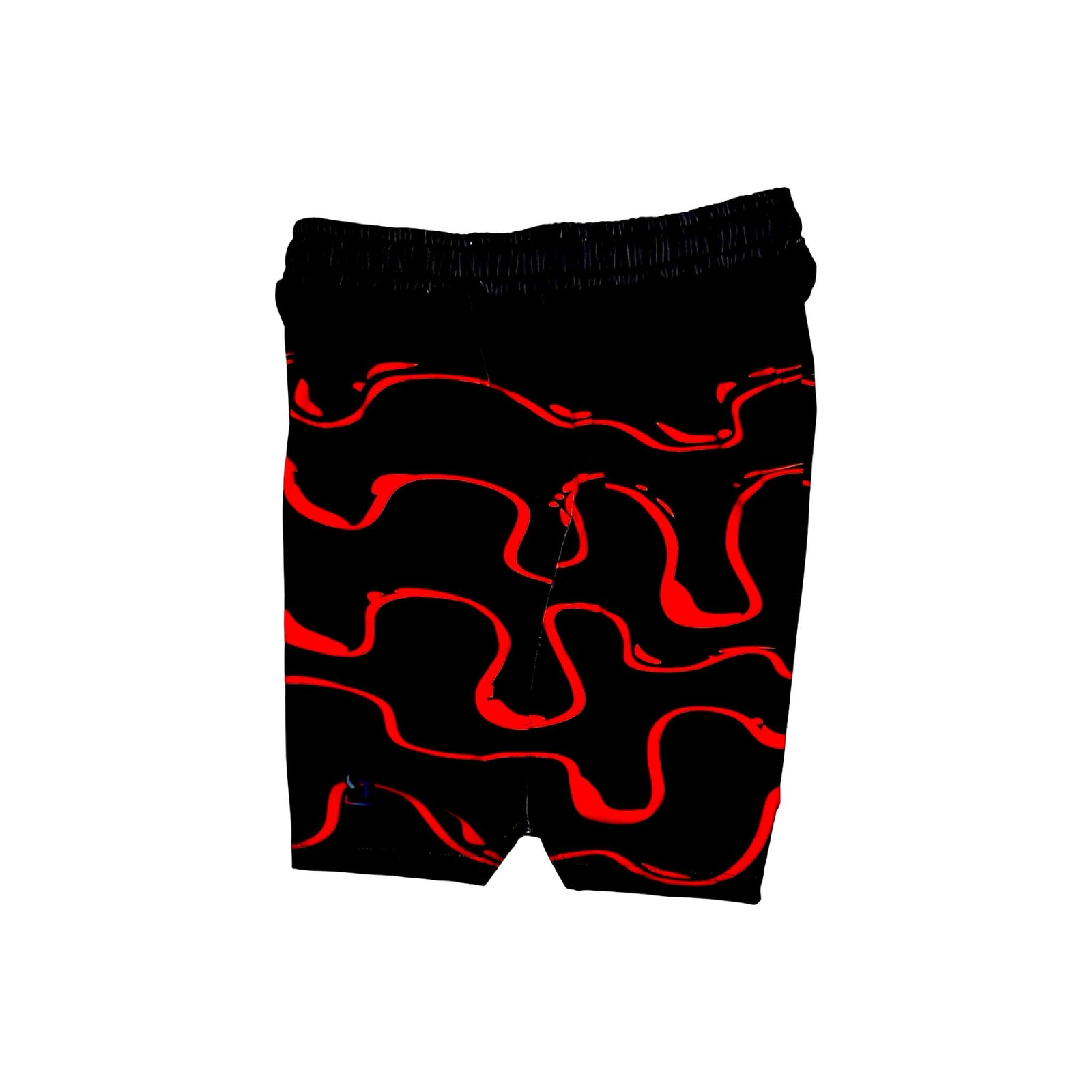 Black shorts with red wavy drip patterns on a white background