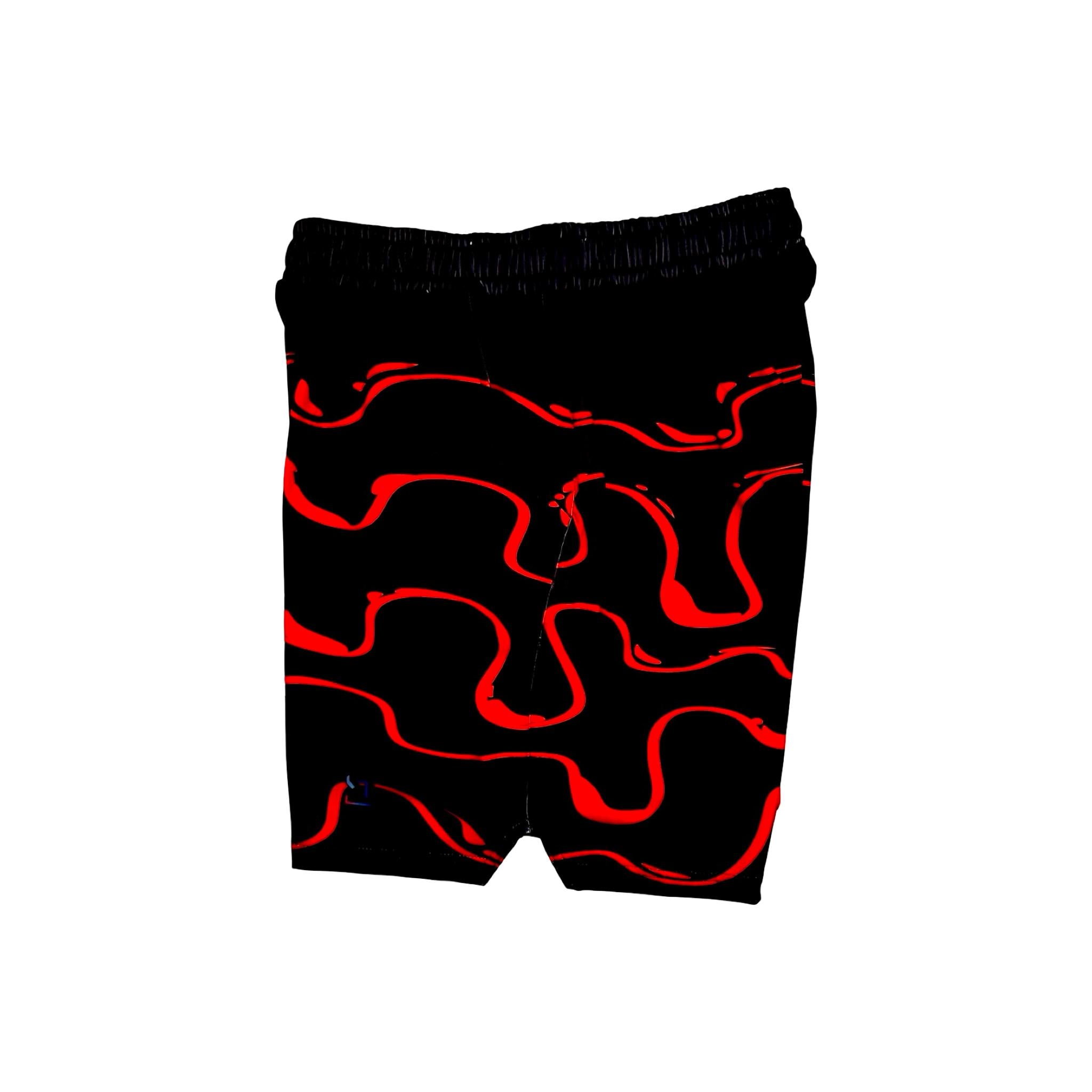 Black shorts with red wavy drip patterns on a white background