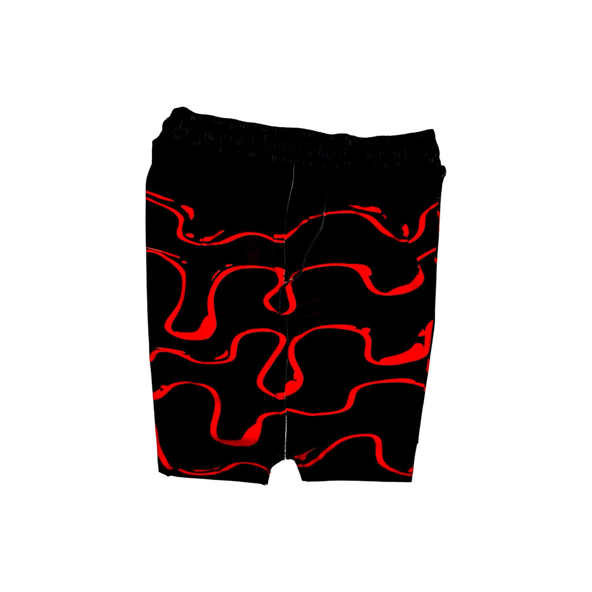 Black shorts with red wavy drip patterns on a white background
