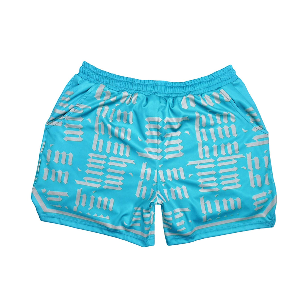 Blue shorts with silver him text pattern