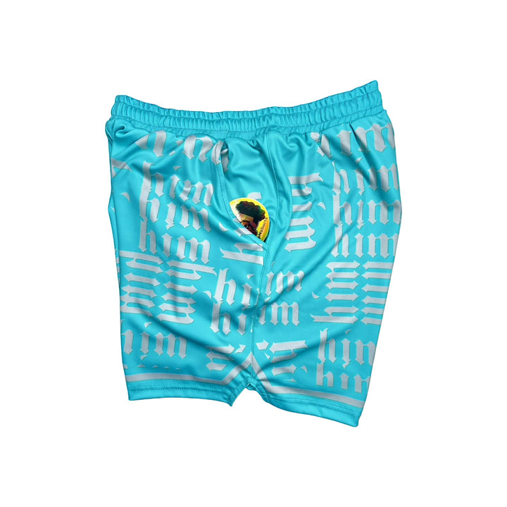 Side view of Blue shorts with silver him text pattern