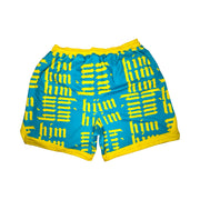 Aqua Blue shorts with yellow accents and 'him' pattern