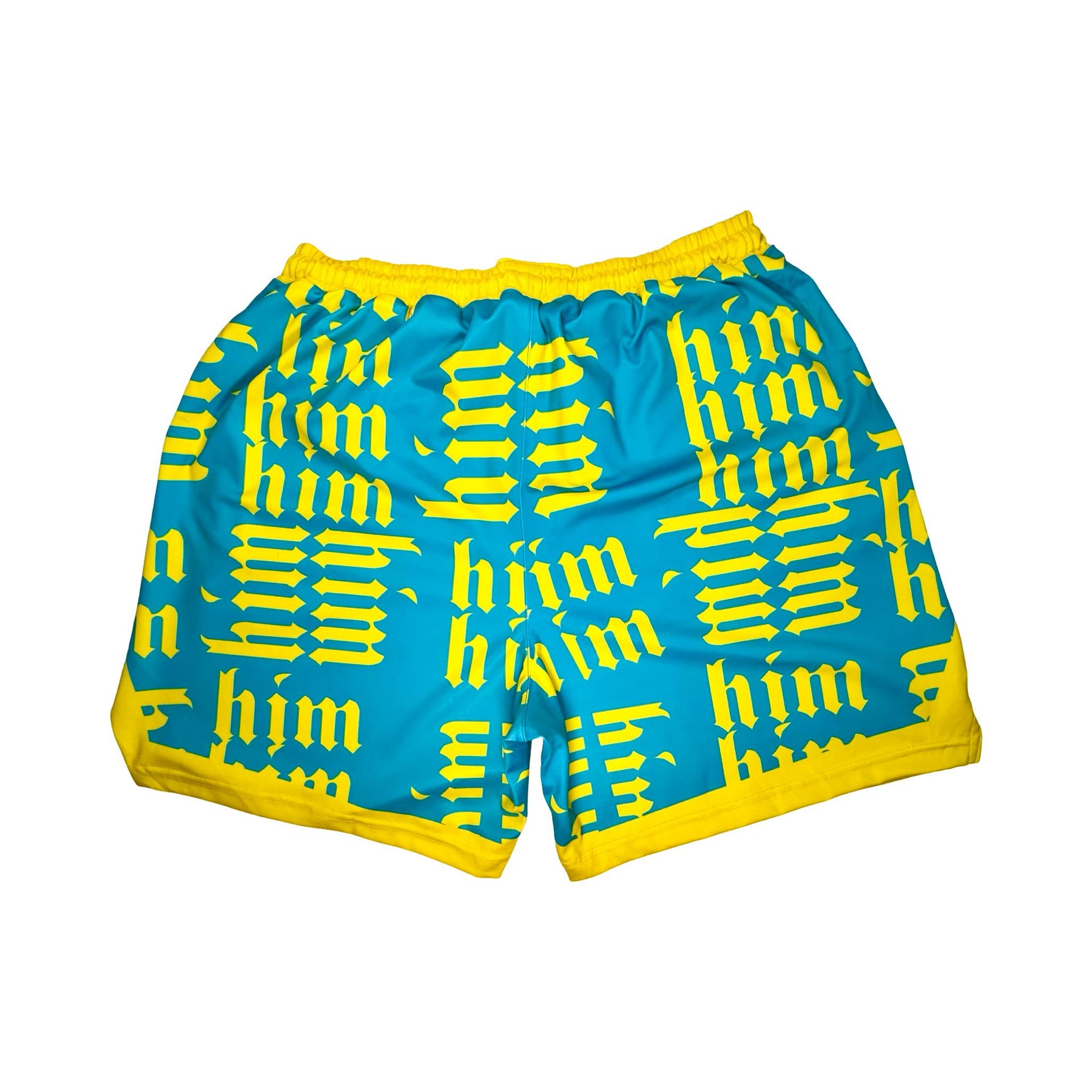 Aqua Blue shorts with yellow accents and 'him' pattern