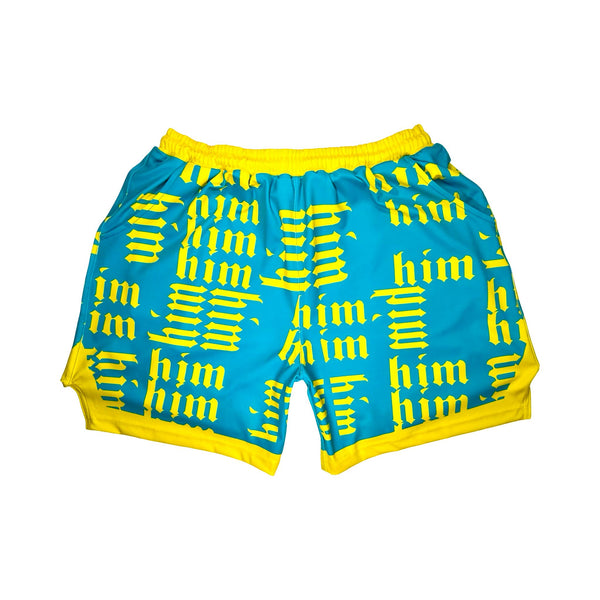 Aqua Blue shorts with yellow accents and 'him' pattern