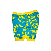 Aqua Blue shorts with yellow accents and 'him' pattern