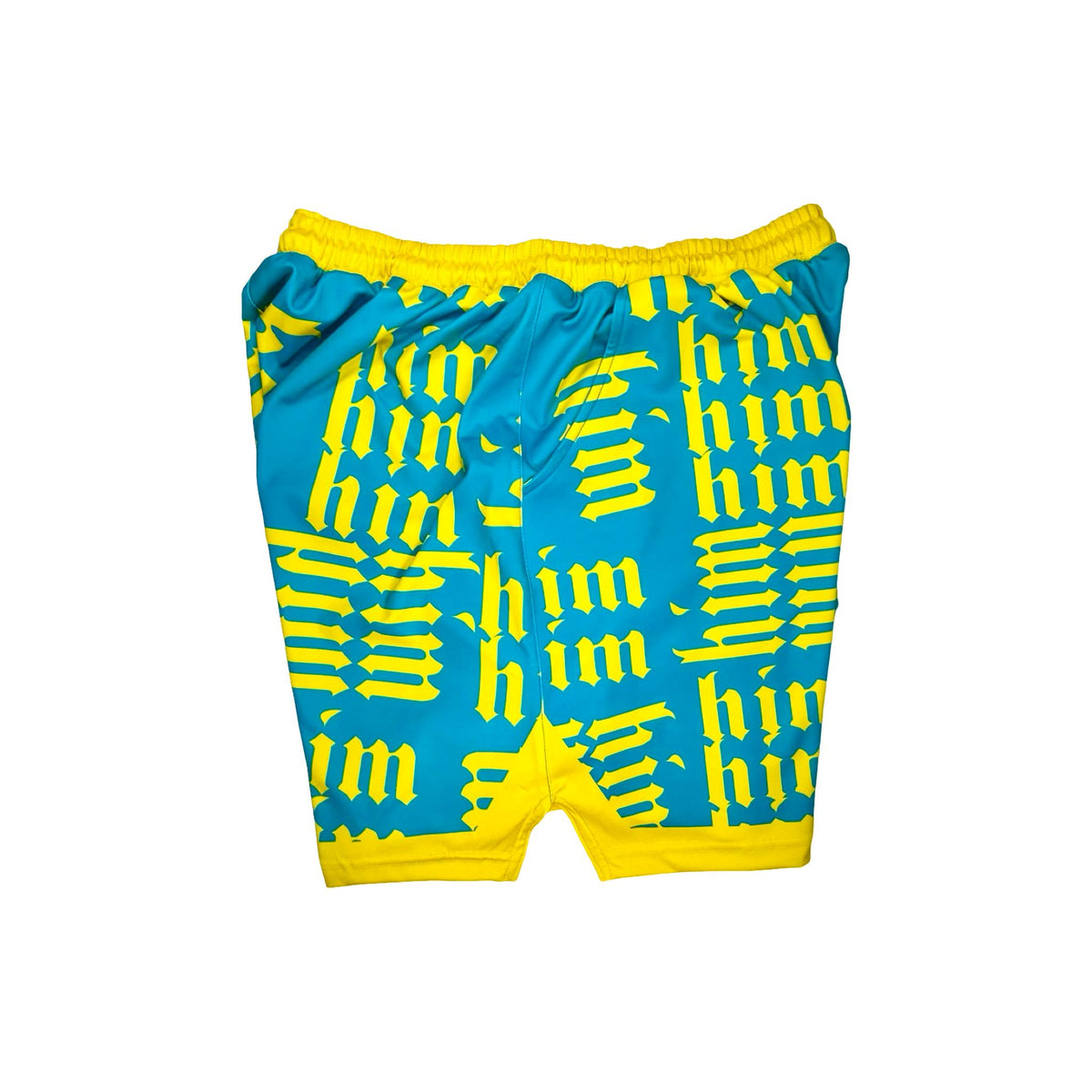 Aqua Blue shorts with yellow accents and 'him' pattern