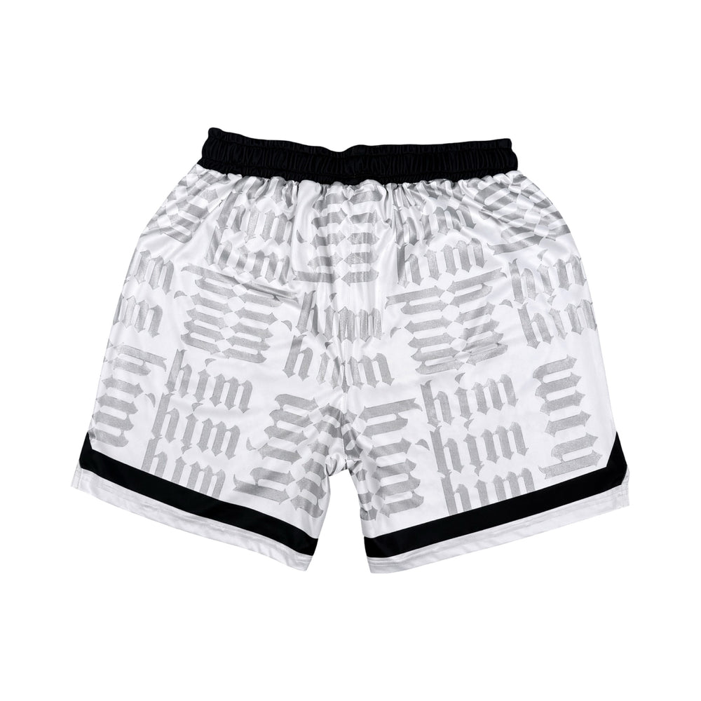 White silver and black him shorts with silver text pattern and black trim