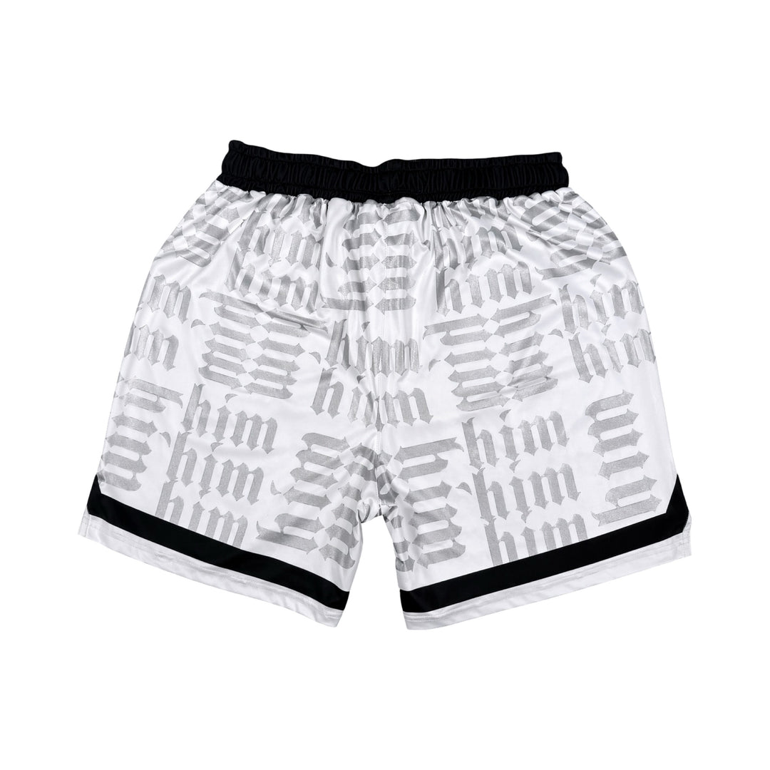 White silver and black him shorts with silver text pattern and black trim