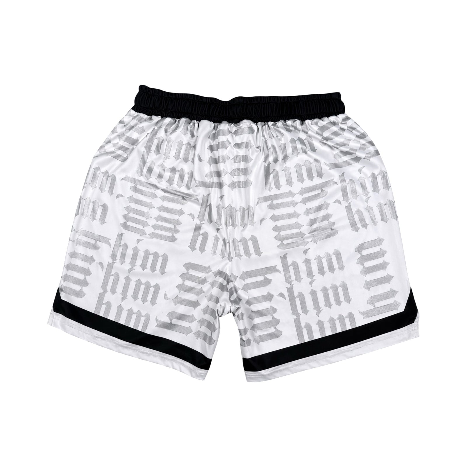 White silver and black him shorts with silver text pattern and black trim