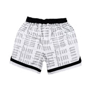 White silver and black him shorts with silver text pattern and black trim