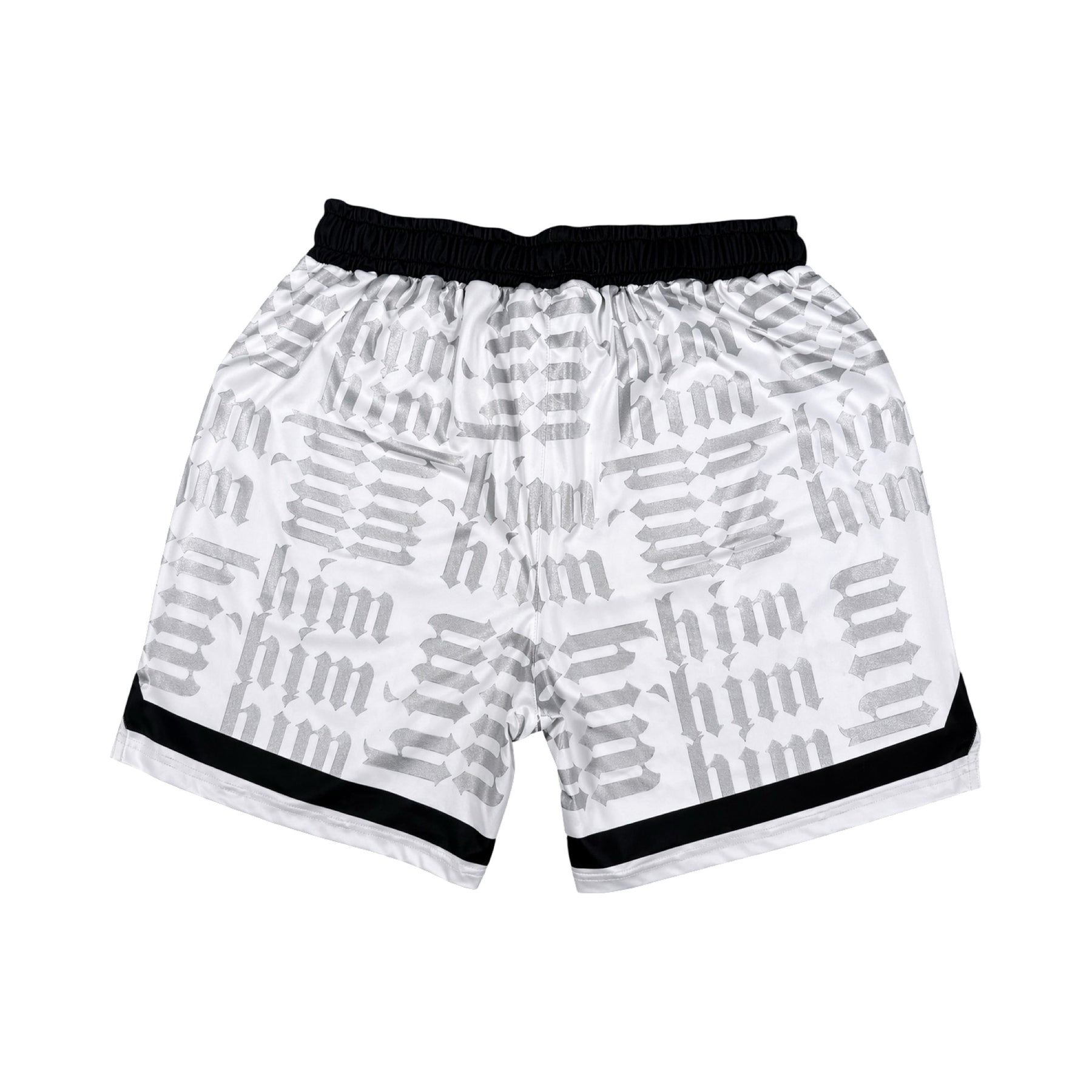White silver and black him shorts with silver text pattern and black trim