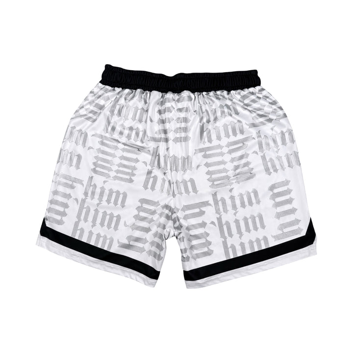 White silver and black him shorts with silver text pattern and black trim