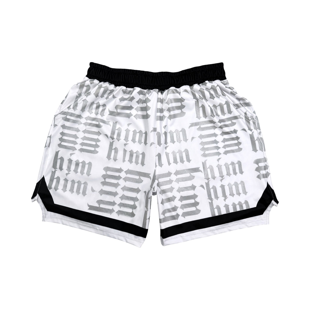 White silver and black him shorts with silver text pattern and black trim