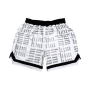 White silver and black him shorts with silver text pattern and black trim