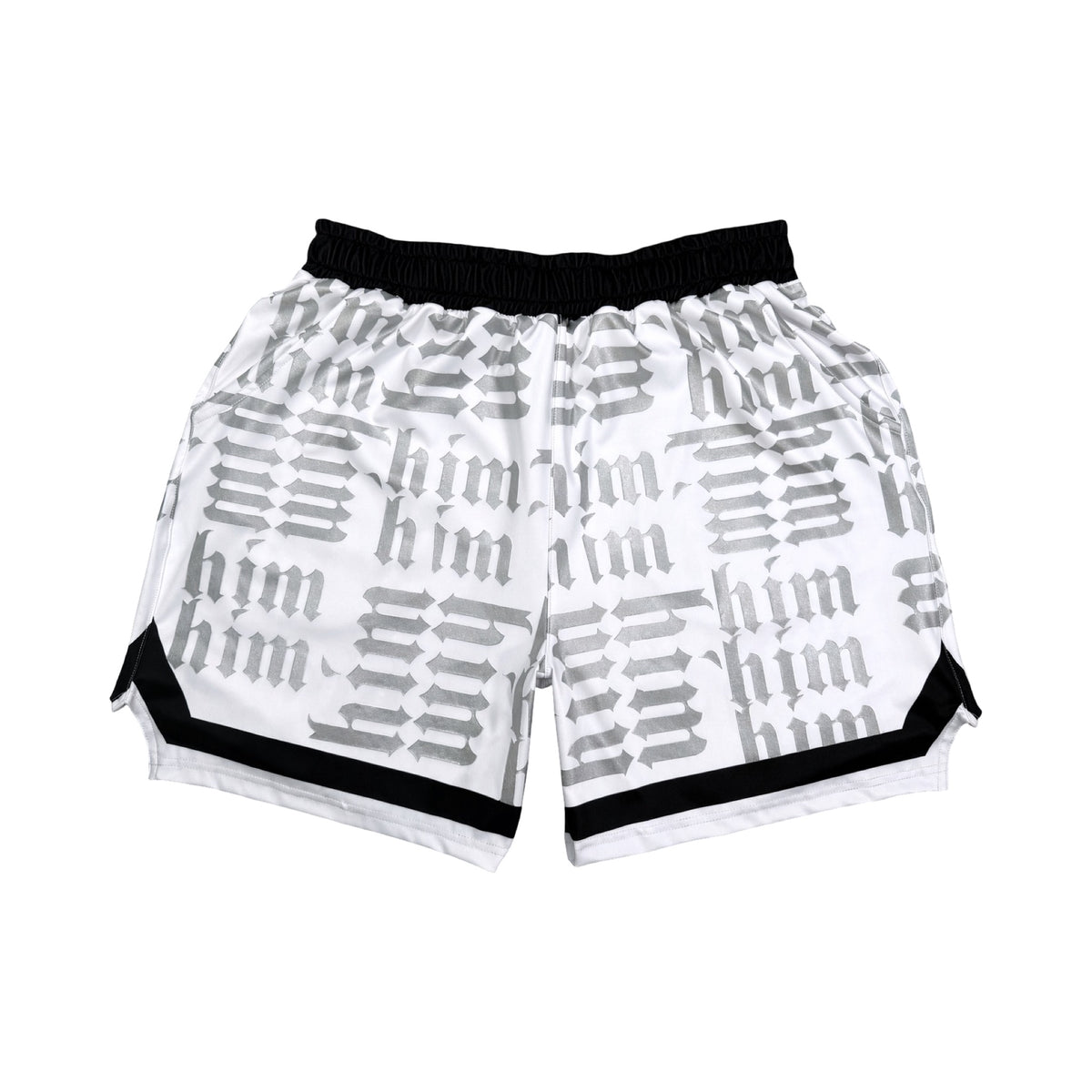 White silver and black him shorts with silver text pattern and black trim