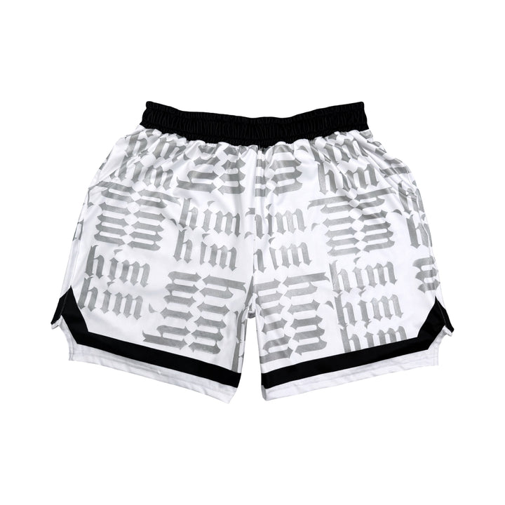 White silver and black him shorts with silver text pattern and black trim