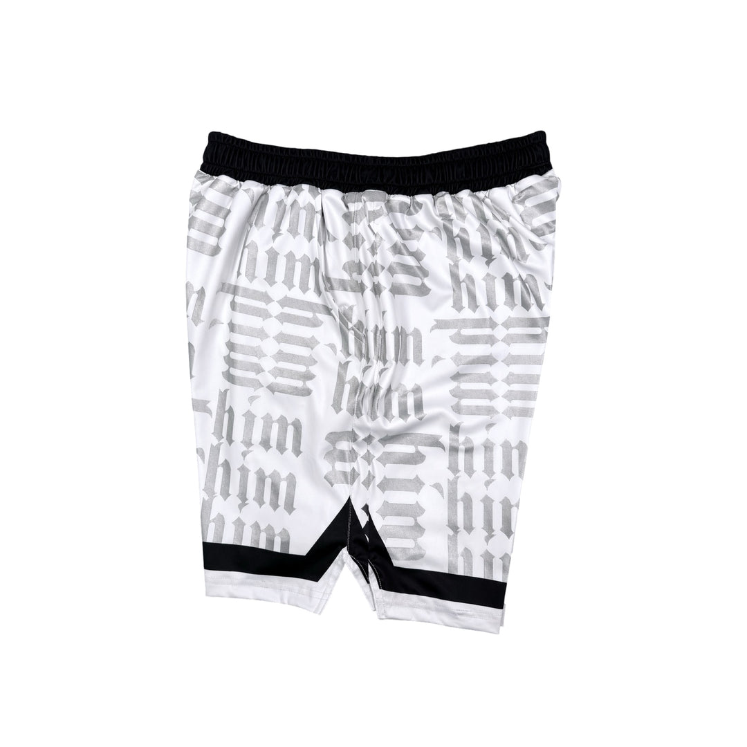 White silver and black him shorts with silver text pattern and black trim