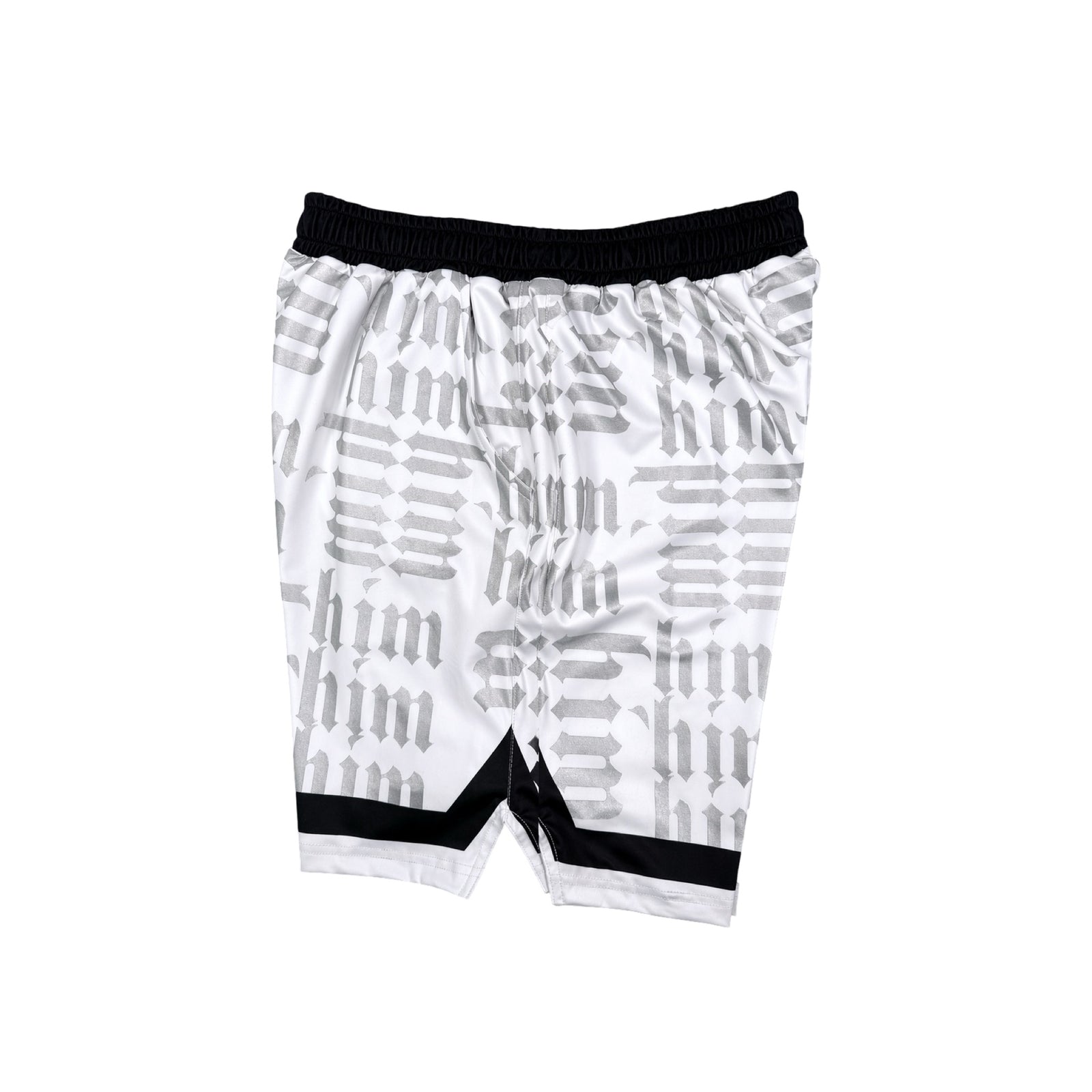 White silver and black him shorts with silver text pattern and black trim