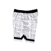 White silver and black him shorts with silver text pattern and black trim