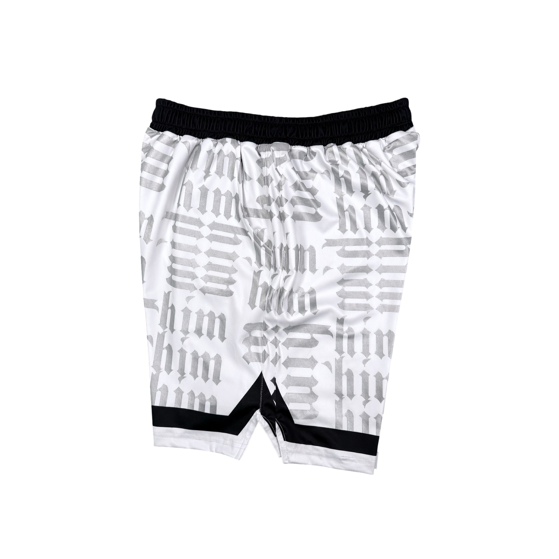 White silver and black him shorts with silver text pattern and black trim