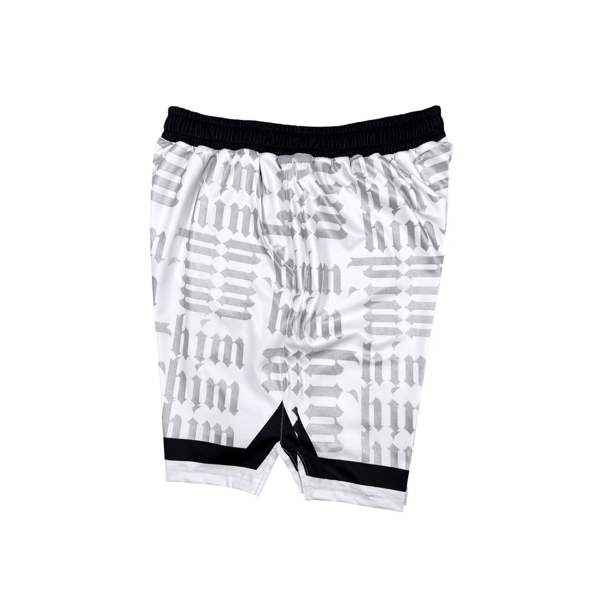 White silver and black him shorts with silver text pattern and black trim
