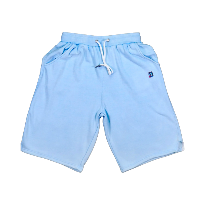 TRAPN™ Sky Acid OFF COURT™ 390 GSM heavyweight Loopback Terry™ joggers in washed sky blue with a relaxed below-the-knee fit.