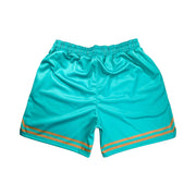 Turquoise mesh shorts with gold stripes on a white background