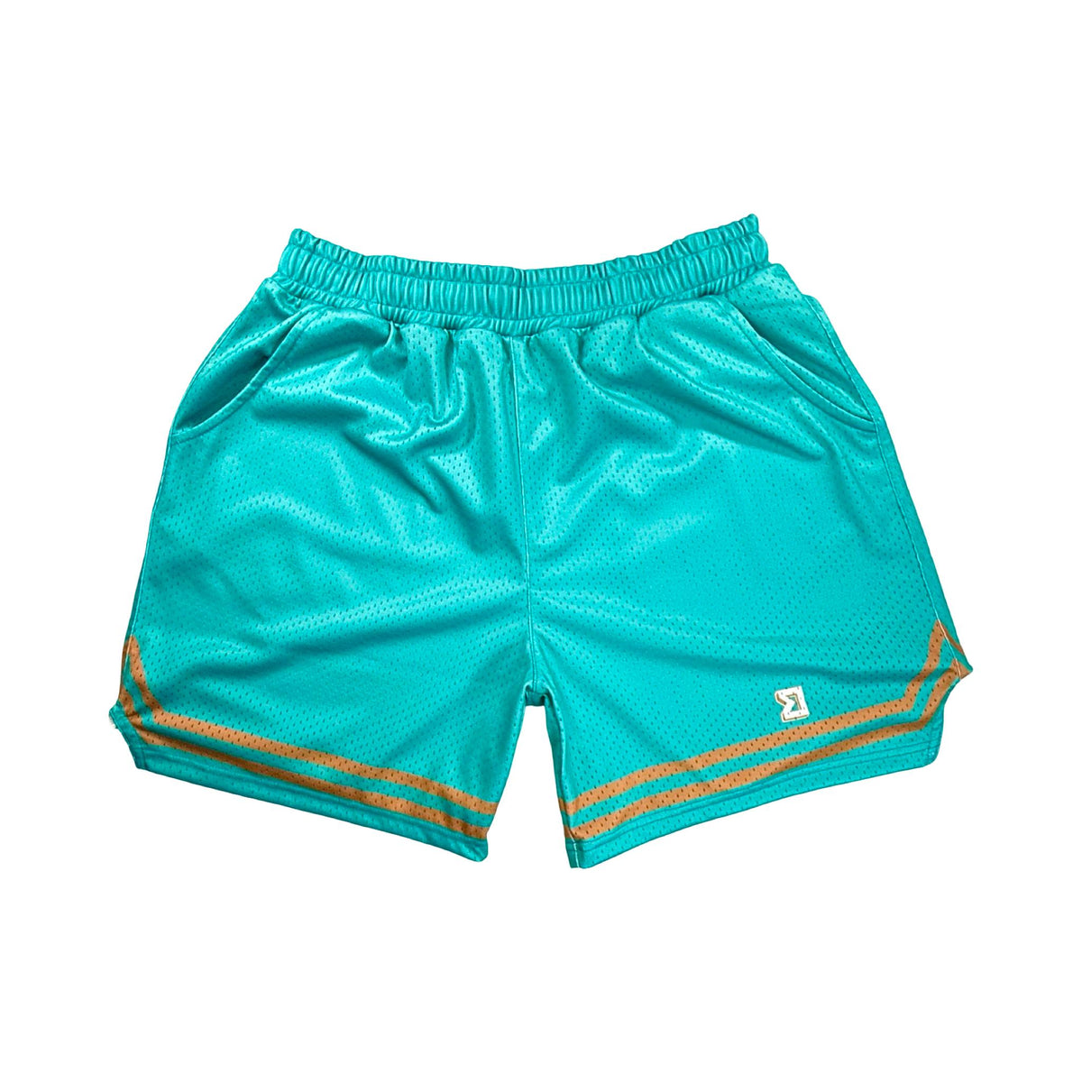 Turquoise mesh shorts with gold stripes on a white background