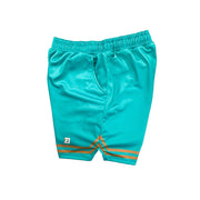 Turquoise mesh shorts with gold stripes on a white background
