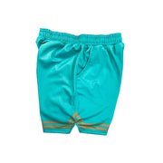 Turquoise mesh shorts with gold stripes on a white background