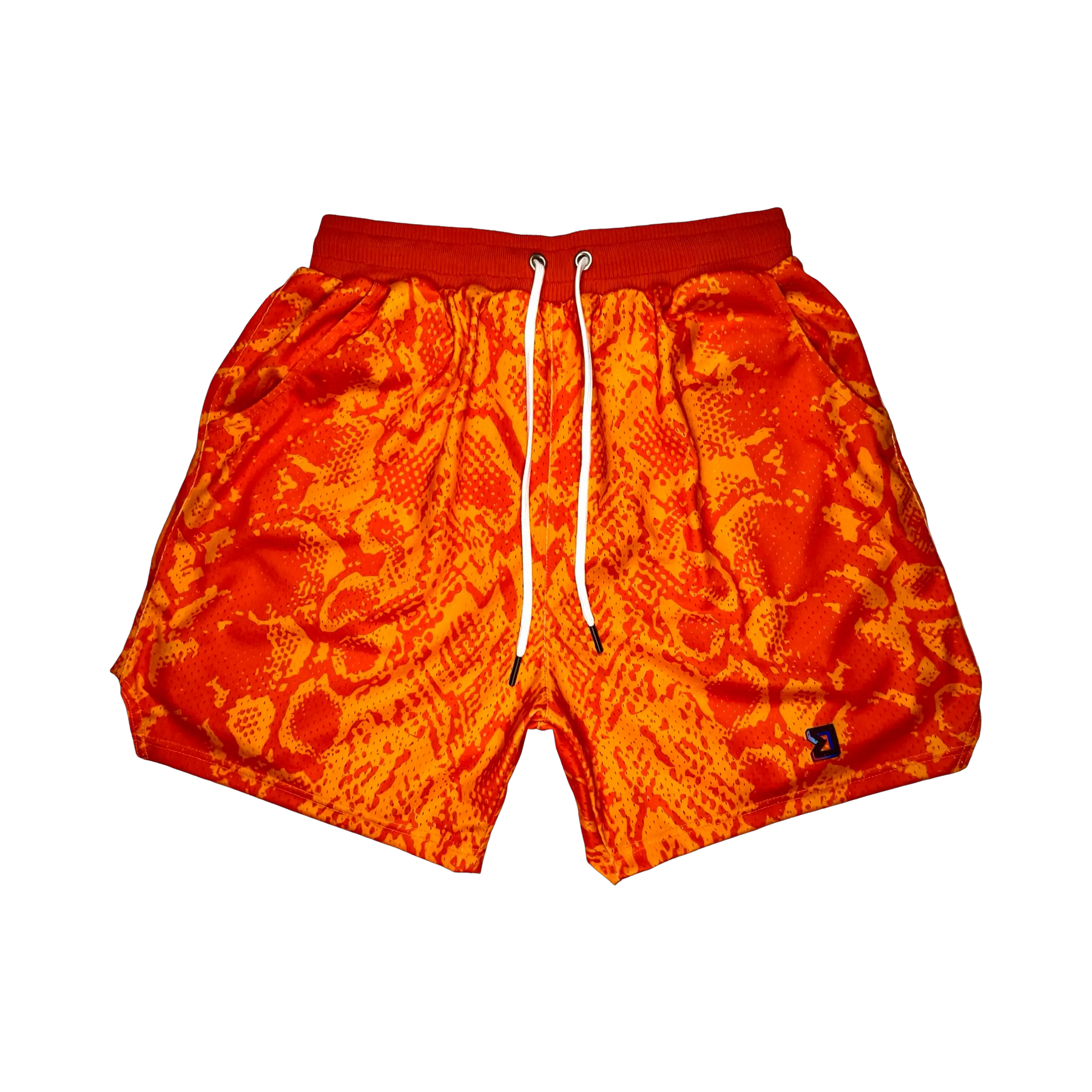 Mamba Elite PRO™ orange basketball shorts featuring a bold snakeskin-inspired pattern, premium MeshX™ construction, oversized PRO waistband, and performance athletic fit designed to match Kobe and Jordan sneakers.