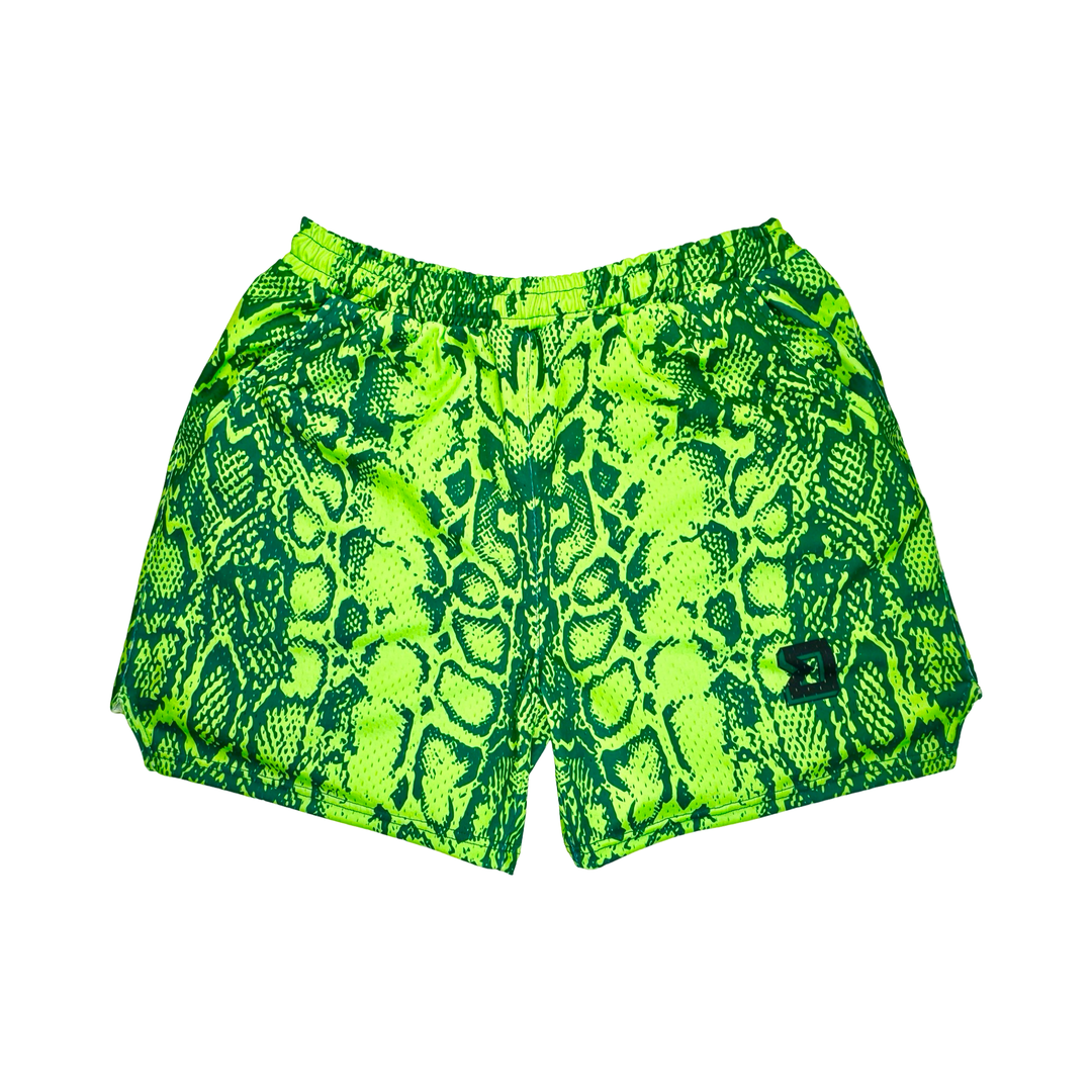neon green snake print mesh shorts 