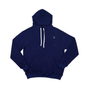 TRAPN™ Navy OFF COURT™ 390 GSM Loopback Terry™ heavyweight hoodie with white drawcords, kangaroo pocket and minimal chest logo.
