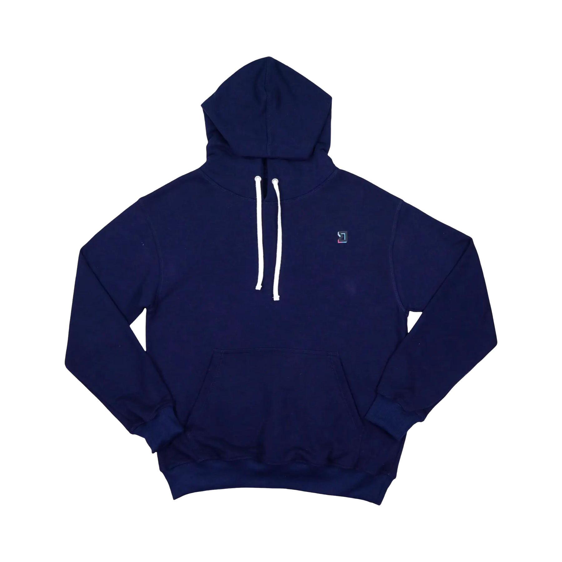 TRAPN™ Navy OFF COURT™ 390 GSM Loopback Terry™ heavyweight hoodie with white drawcords, kangaroo pocket and minimal chest logo.