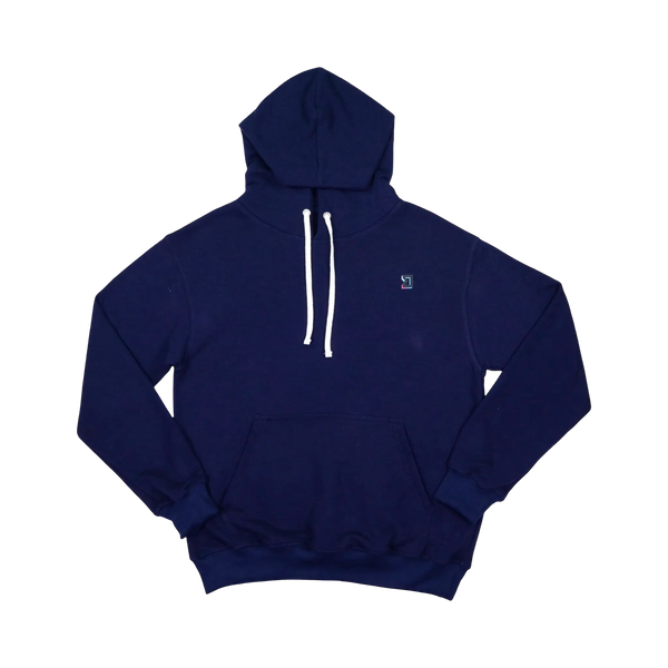 TRAPN™ Navy OFF COURT™ 390 GSM Loopback Terry™ heavyweight hoodie with white drawcords, kangaroo pocket and minimal chest logo.