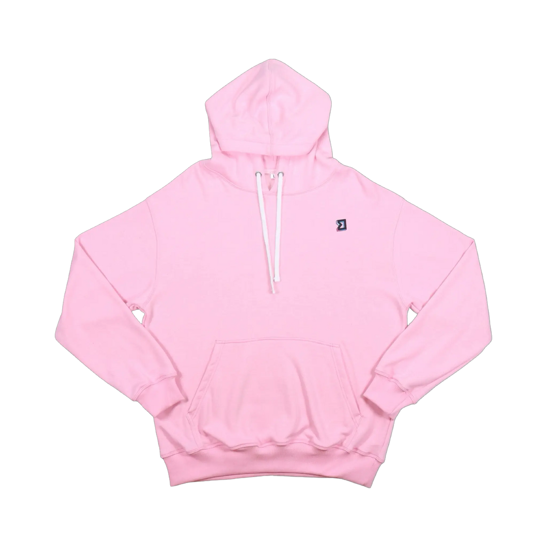 TRAPN™ Pink OFF COURT™ 390 GSM Loopback Terry™ heavyweight hoodie with white drawcords, kangaroo pocket and minimal chest logo.