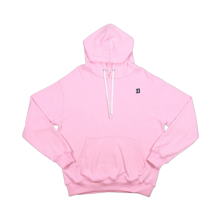 TRAPN™ Pink OFF COURT™ 390 GSM Loopback Terry™ heavyweight hoodie with white drawcords, kangaroo pocket and minimal chest logo.