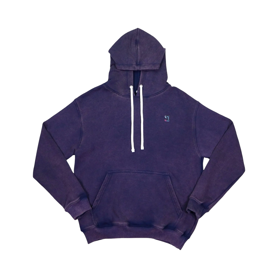 TRAPN™ Purple Acid OFF COURT™ 390 GSM Loopback Terry™ heavyweight hoodie with acid-washed finish, white drawcords and minimal chest logo.
