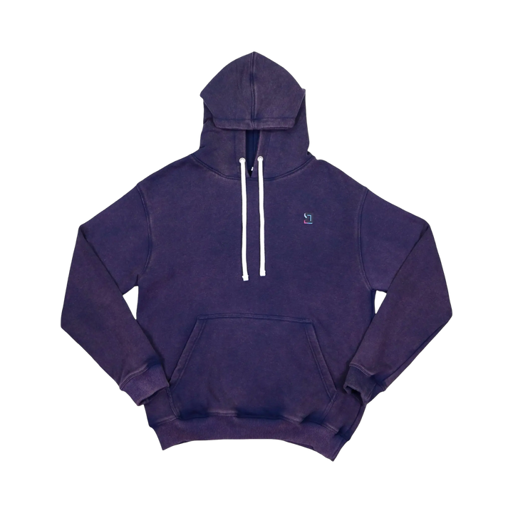 TRAPN™ Purple Acid OFF COURT™ 390 GSM Loopback Terry™ heavyweight hoodie with acid-washed finish, white drawcords and minimal chest logo.