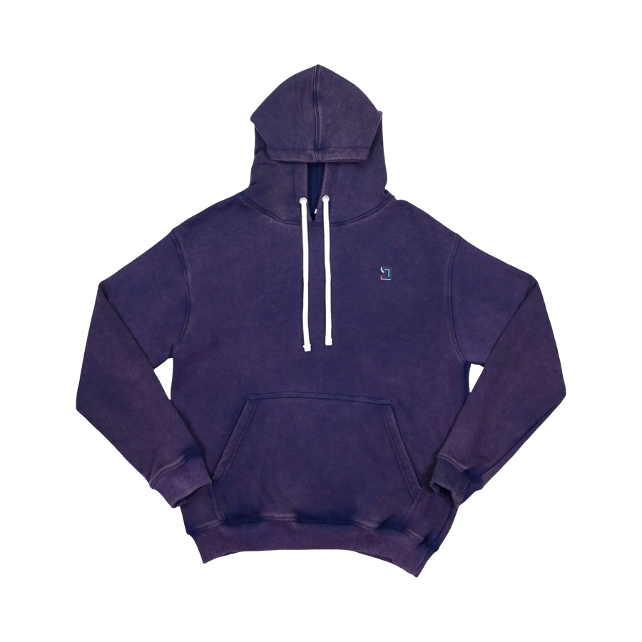TRAPN™ Purple Acid OFF COURT™ 390 GSM Loopback Terry™ heavyweight hoodie with acid-washed finish, white drawcords and minimal chest logo.