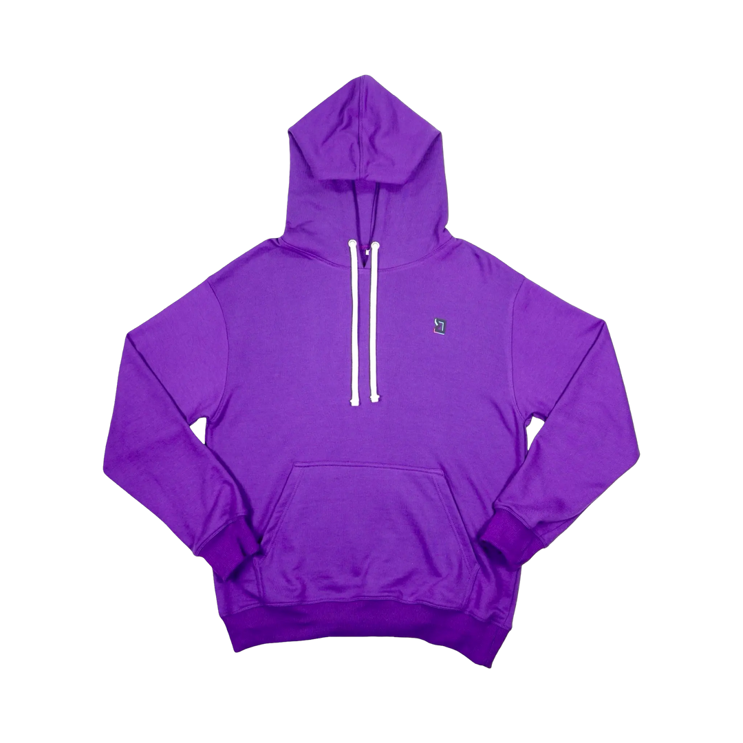 TRAPN™ Purple OFF COURT™ 390 GSM Loopback Terry™ heavyweight hoodie with white drawcords, kangaroo pocket and minimal chest logo.