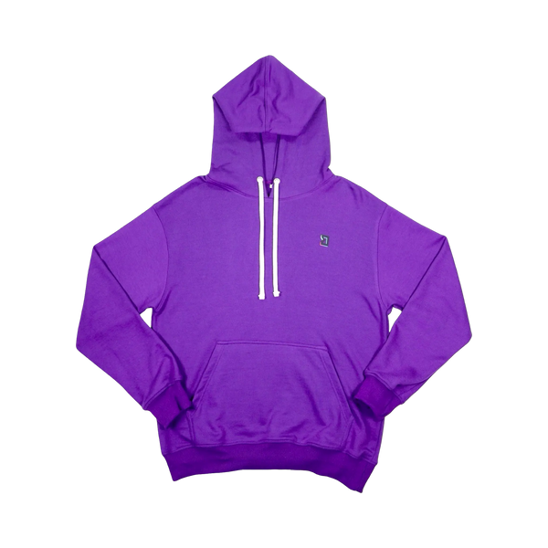 TRAPN™ Purple OFF COURT™ 390 GSM Loopback Terry™ heavyweight hoodie with white drawcords, kangaroo pocket and minimal chest logo.