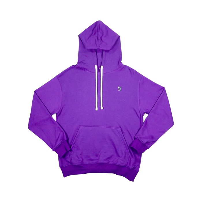 TRAPN™ Purple OFF COURT™ 390 GSM Loopback Terry™ heavyweight hoodie with white drawcords, kangaroo pocket and minimal chest logo.