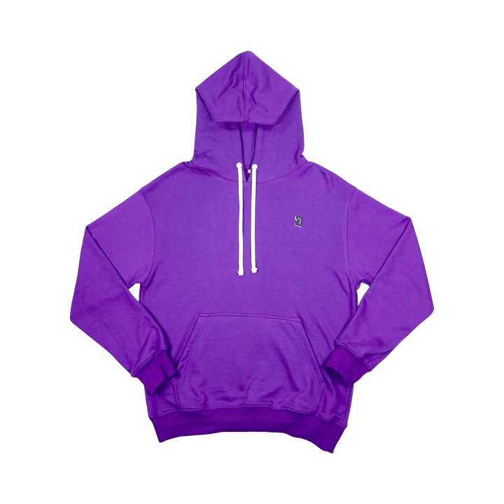 TRAPN™ Purple OFF COURT™ 390 GSM Loopback Terry™ heavyweight hoodie with white drawcords, kangaroo pocket and minimal chest logo.