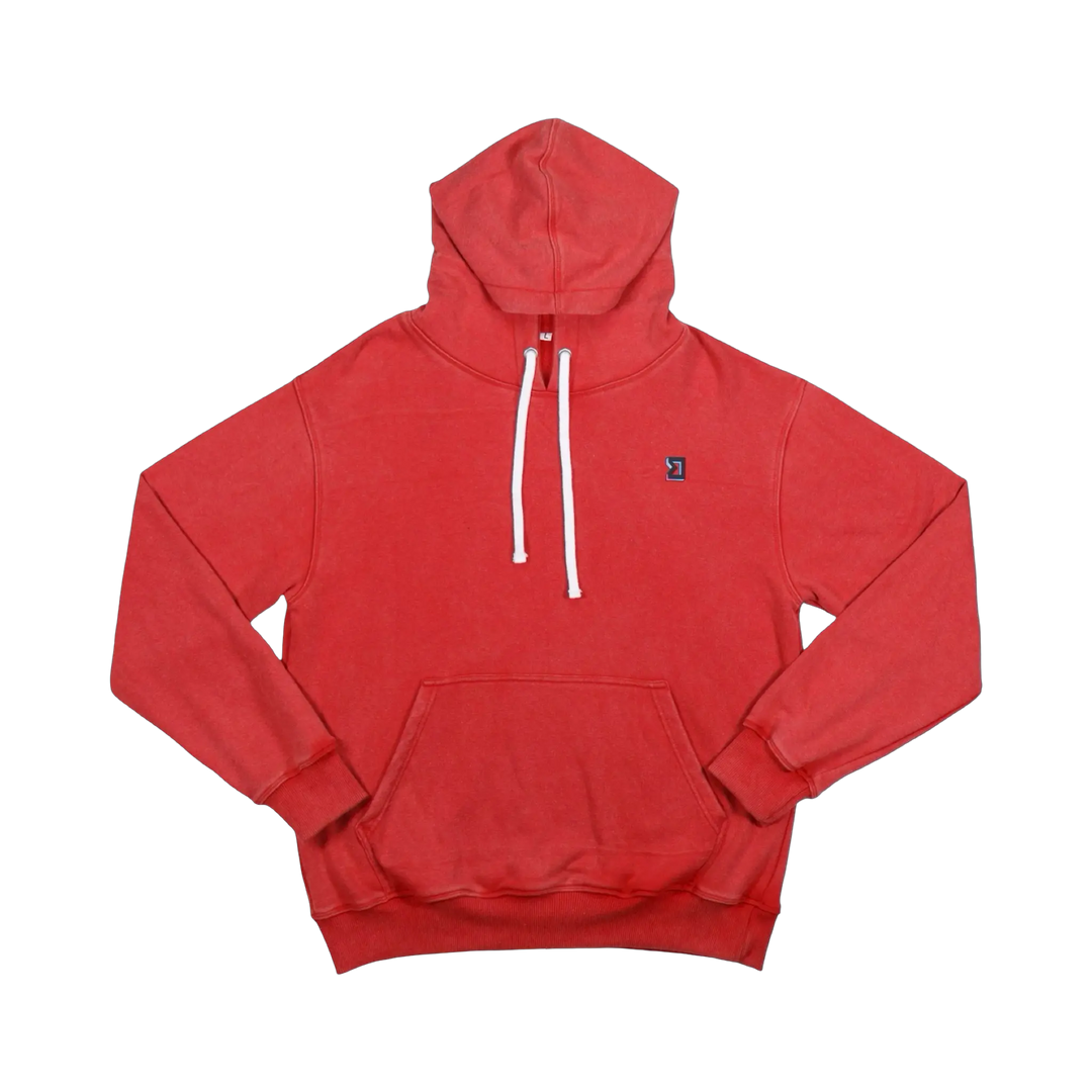 TRAPN™ Red Acid OFF COURT™ 390 GSM Loopback Terry™ heavyweight hoodie with washed red finish, white drawcords and minimal chest logo.