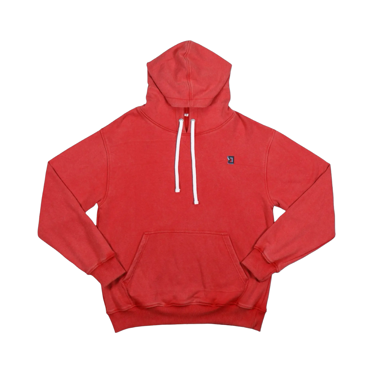 TRAPN™ Red Acid OFF COURT™ 390 GSM Loopback Terry™ heavyweight hoodie with washed red finish, white drawcords and minimal chest logo.