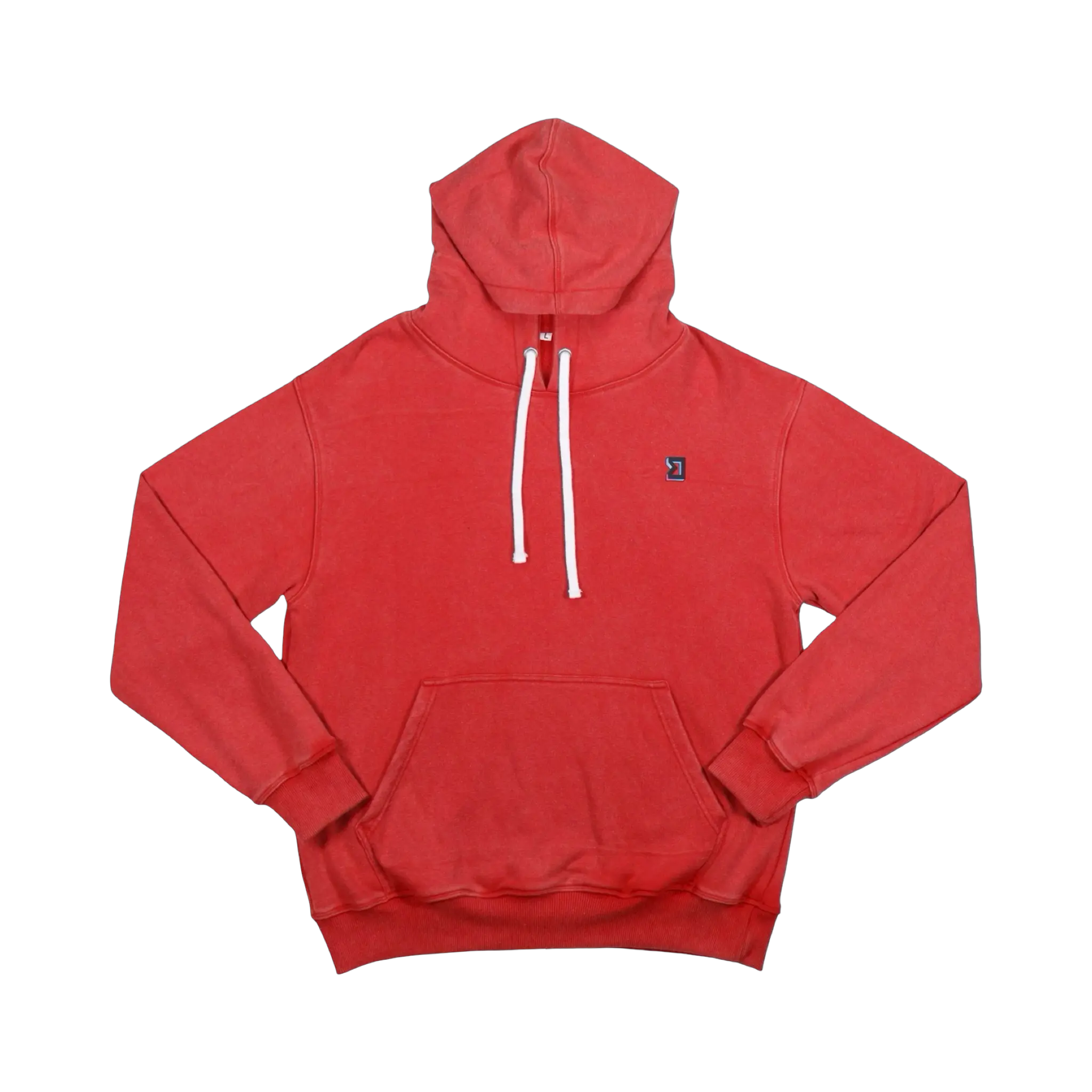 TRAPN™ Red Acid OFF COURT™ 390 GSM Loopback Terry™ heavyweight hoodie with washed red finish, white drawcords and minimal chest logo.